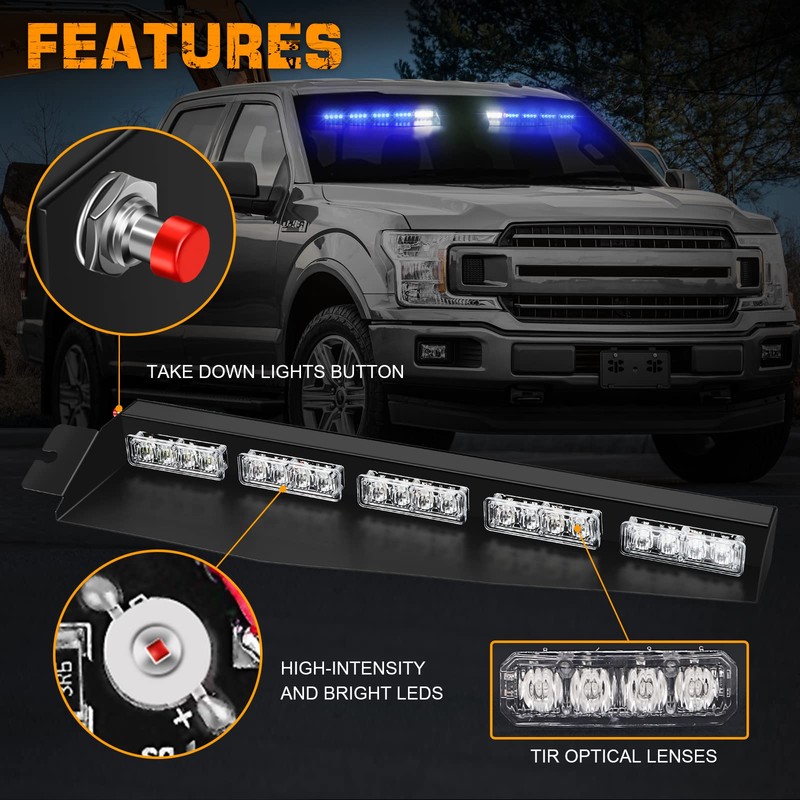 XRIDONSEN 34 inch Blue Emergency Visor Lights Bar Interior Front