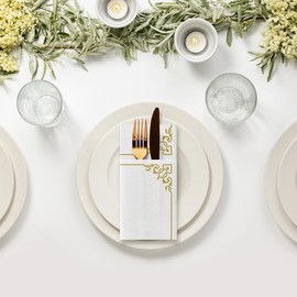 Paw Airlaid Napkins - Fabric-Like (1/8 Pocket) I Pack of 25 I Ideal for Weddings, Christenings, Communion, Birthdays I High-Quality Table Decoration Fabric Napkins - Gold Frame I Elegant Frame Gold