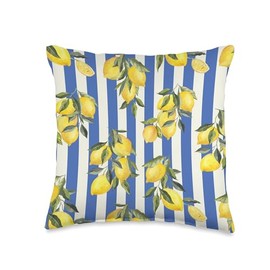 Italian Coast Lemons On Blue Stripes Summer Fruit Pattern Throw Pillow