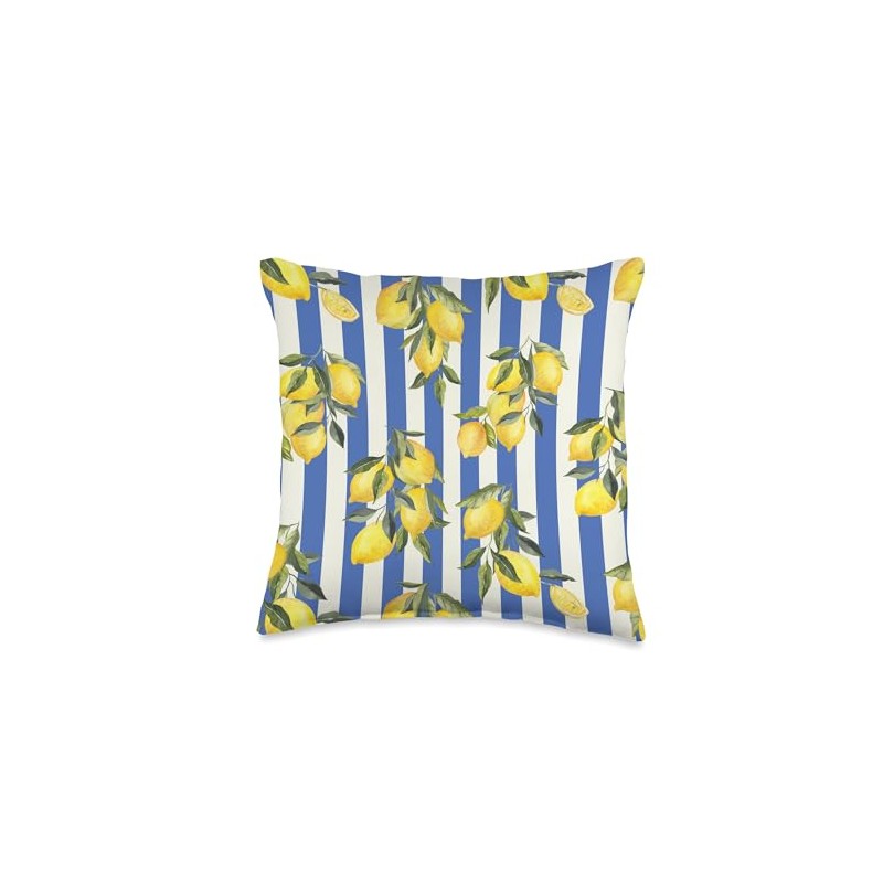 Italian Coast Lemons On Blue Stripes Summer Fruit Pattern Throw