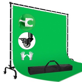GLOSHOOTING 9.5x9.5ft Large Green Screen Backdrop Kit, Greenscreen Back Drop with 7x10ft Movable Stand, Chromakey Background with Wheels for Photography, Streaming, Video Recording