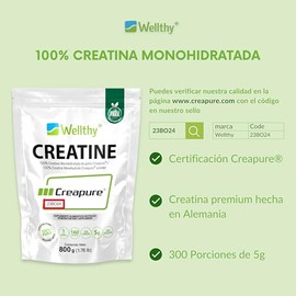 Wellthy Creatina Monohidratada Micronizada Creapure ® 800g. 100% Pura. Solo 1 Ingrediente Creatina Alemana Creapure®. Vegana, Sin Azúcar, 160 porcione