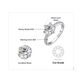 JewelryPalace Classic 3ct Cubic Zirconia Solitaire Engagement Rings for Women, 925 Sterling Silver 14K White Gold Plated Promise Ring for Her, Round Cut Simulated Diamond Anniversary Wedding RingsJ