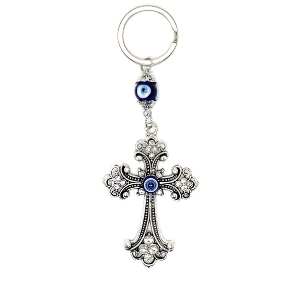 LUCKBOOSTIUM Cross Keychain Ring w/Center Evil Eye, Sign of Good