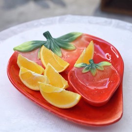 FORLONG Ceramic Red Strawberry Chip and Dip Serving Trays, Appetizers and Cheeses Serving Platter, Ideal for Snacks, Veggies, Fruit-11inches