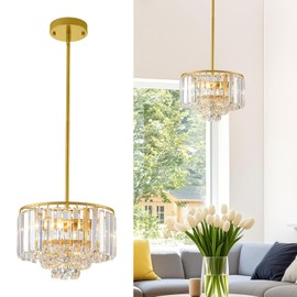 2025 New 4-Tier Gold Crystal Chandeliers, 11" Modern Small K9 Crystal Raindrop Pendant Lights Kitchen Island, Brass 2-Light Round Chandelier for Living Dining Room Bedroom Entryway Bathroom Foyer