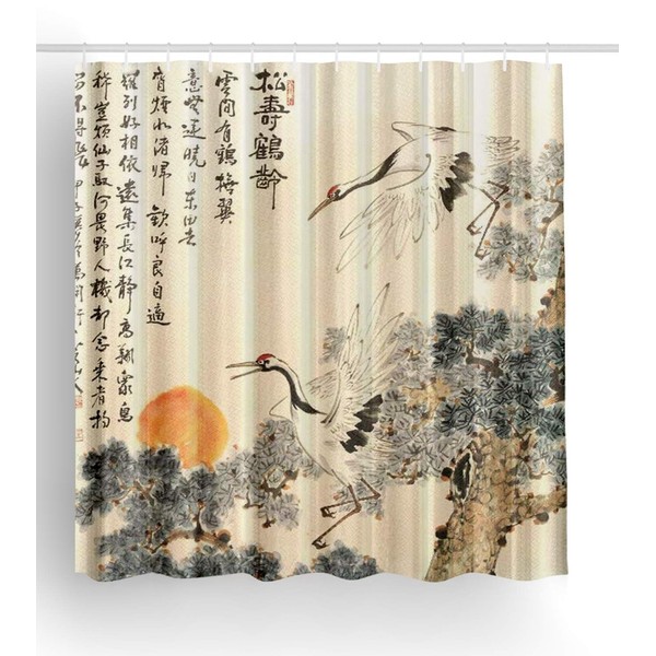 Jagfhhs Asian Shower Curtain Traditional Chinese Pine Trees and Crane