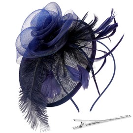 Alaoo Fascinator Hats for Women, Ladies Fascinators Hat, Pillbox Hat with Veil Headband for Wedding Tea Party Mesh Flower Cocktail Party (Color : 03-Navy Blue)