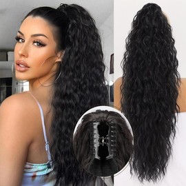 HIUSVO Ponytail Extension Claw 30 Inch Curly Pony Tail Clip in Claw Hair Extensions Fluffy Natural Looking Synthetic Hairpiece for Women - Color: Black