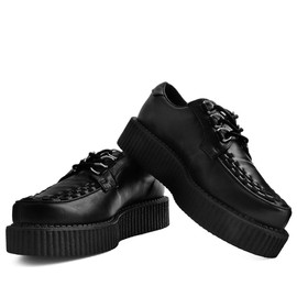 T.U.K. Anarchic Creeper Shoes for Women and Men, Black Faux Leather, Round Toe, Woven Interlace, 3 D-Ring Lace-Up, Twill Lining, Foam Insole, Low Platform, Classic Style, US Women 9 / Men 7