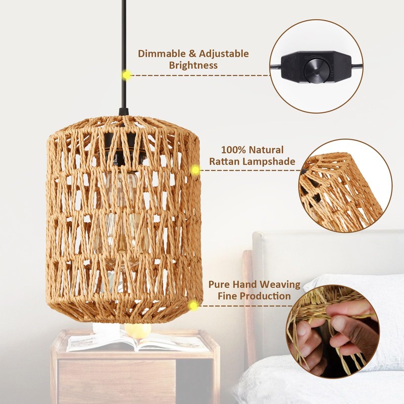 YXTH Plug in Pendant Light, Rattan Hanging Lights with Plug
