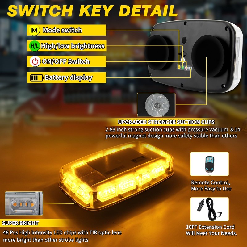 OPL5 Rechargeable Amber Emergency Strobe Light Wireless Battery, 48 LED