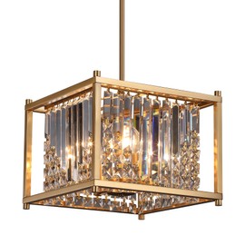 Q&S Gold Chandelier,Modern Industrial Gold Square Crystal Chandeliers 4 Lights Hanging Pendant Light Fixture for Dining Room Hallway Entryway Kitchen Island UL Listed