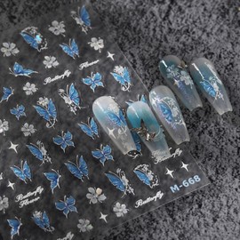 5D Embossed Blue Butterfly Nail Stickers Flowers Nail Art Stickers Floral Nail Decals Self-Adhesive Spring Stickers Summer Nail Supplies for Women Girls DIY Manicure