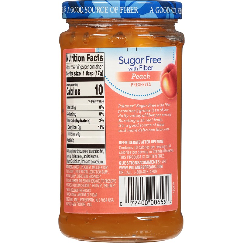Polaner Sugar Free with Fiber, Peach Jam, 13 Ounce