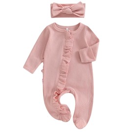 Ayalinggo Newborn Baby Girl Fall Winter Outfits Clothes Knit Jumpsuit Ruffle Romper Newborn Coming Home Outfit for Baby Girl (mitten cuff Jumpsuit Pink, 0-3 Months)