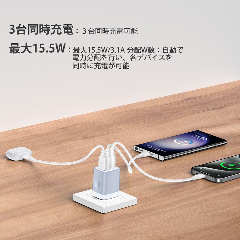 USB Outlet AC Adapter Charger, 3 Ports, Simultaneous Charging, 15.5