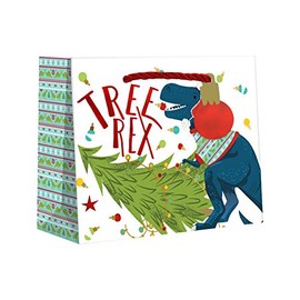 LUXPaper Medium Gift Bags | 4" x 8" x 10" | Christmas Dinosaur | 5 Qty
