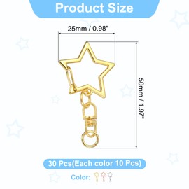 sourcing map 30 Pcs Metal Spring Snap Keychain Clip, Star Shaped Swivel Snap Clasp Key Ring Clips with Chain Hanging Buckle and Open Jump Ring for DIY Crafts Bag Decoration, 3 Color