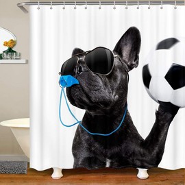 Soccer Ball Waterproof Shower Curtains Dog Football Fabric Bathroom Shower Curtain Kids Boys Sports Competitive Design Shower Curtain Accessories with Hooks Funny Dog Referee Curtains,72x78 Inches