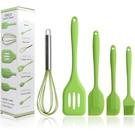 Juego de 5 Utensilios de Cocina de Silicona, Espátulas, Batidor de Huevos, Cepillo, Paleta, Para Cocinar, Hornear y Mezclar (Verde)