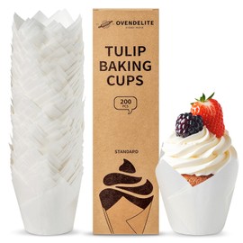 OvenDelite Tulip Cupcake Liners White 200PCS - Parchment Paper Baking Cups for Standard Muffin Pans, Extra-Wide Design, Wedding & Baby Shower Essentials
