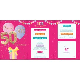 ICG 2025 Mum 50th Birthday Card - Happy Birthday Year You Were Born Card with Born in 1975 Balloons and Present Design and Special Finishes - Birthday Cards for Women