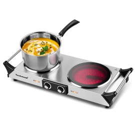 Techwood Electric Stove, Double Infrared Ceramic Hot Plate for Cooking, Two Control Cooktop Burner, Portable Anti-scald handles Suitable for Office/Home/Camp Use, 1800W Compatible for All Cookwares