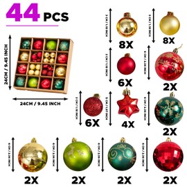 Christmas Tree Decorations Baubles 44 Pcs – Hanging Ball Ornaments Sets – Shatterproof 3 & 6cm Plastic Balls for Festive Holiday – Ideal for Home, Trees, Weddings, and Party Decor (Green, Red & Gold)