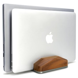 GEVO Dual Laptop Holder Vertical Laptop Stand, Natural Wood, Adjustable Dock, Wooden Laptop Stand, Vertical Laptop Holder for Desk, Widen Dock Fits All MacBook/Surface pro 2 Devices (Black Walnut)