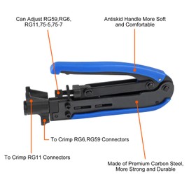 Coaxial Compression Tool Coax Cable Crimper Kit Adjustable RG6 RG59 RG11 75-5 75-7 Coaxial Cable Stripper with 10pcs F Compression Connectors Blue