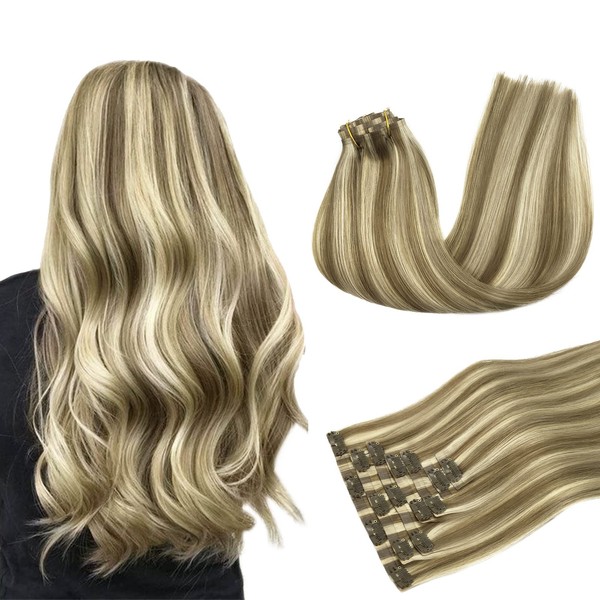 MAXITA PU Clip-In Real Hair Extensions, 40 cm / 16 Inches, 110 g, 7 Pieces, Light Brown, Highlighted Medium Blonde, Seamless Clip-In Extensions, Natural Hair Extensions, Clip-In Extensions