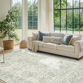 Rugxara 5X7 Washable Area Rug for Living Room, Vintage Large Boho Rugs for Office, Dining Room, Kids Room, Farmhouse, Durable Low Pile Non Slip Carpet for High Traffic Areas, Light Green