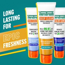 TheraBreath Deep Clean Toothpaste, Kills 99.9% of Germs That Cause Bad Breath, Gingivitis & Plaque (1), Gentle Teeth Whitening with Fluoride for Anticavity Protection, Fresh Mint, 4 Oz, 2-Pack