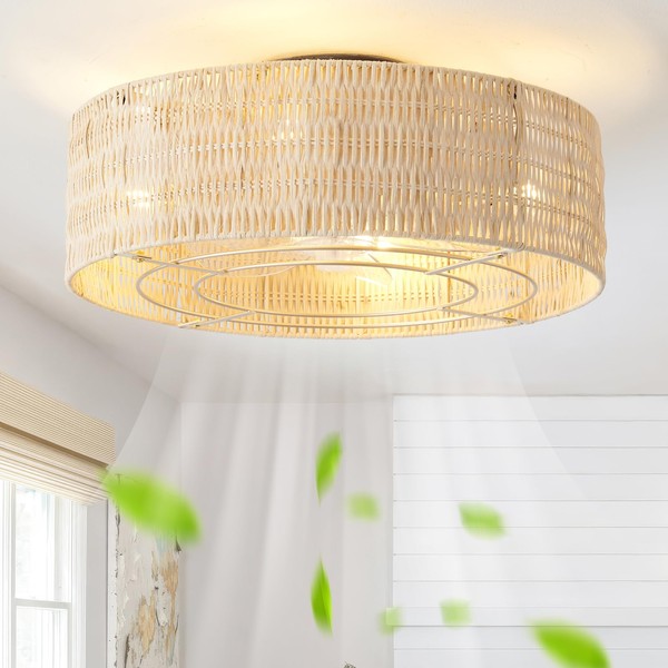 YMKSKJ Low Profile Ceiling Fans with Lights, 20" Boho Rattan