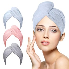 Derlinvine 3 Pack Hair Towel Wrap for Women, Ultra Fine Coral Fleece Dry Hair Care Cap, Water Absorbing Quick Hair Towel for Beauty, Travel (Pink + Blue + Grey)