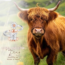 BEILIN Highland Cow Ring 925 Sterling Silver Adjustable Cute Animal Open Rings Cow Jewelry Gift for Women, white, Sterling Silver, Cubic Zirconia