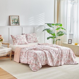 Joyreap King Size Cooling Comforter Set, Pink n Gray Floral Design, Double Side Cooling Blanket for Hot Sleepers and Night Sweats, Breathable Lightweight Silky Smooth Bedding Set- 100x88 inches