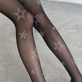 Nanmuir Women's Sparkle Rhinestone Tights, Black Glitter High Waist Sheer Leggings Crystal Party Concert Outfit Stockings