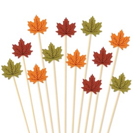 JarThenaAMCS 150 Pcs Fall Maple Leaf Cocktail Picks 3 Colors Long Food Appetizer Skewer Toothpicks for Autumn Thanksgiving Party Fruit Drink Dessert Supplies