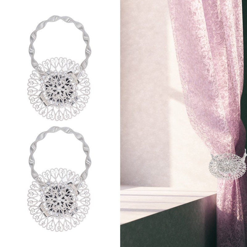 2Pcs Magnetic Curtain Tiebacks Stainless Steel Sparkling Crystal Flower Curtain