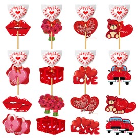 Valentine's Day Lollipop Paper Cards Candy Holder Cards Red Lips Love Heart Bouquet Flowers Car Candy Sugar Card Holder Wrapping Decorations for Valentine's Day Wedding Anniversary Party 16Pcs