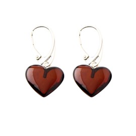 AmberJewelry Amber Heart Earrings - Dangle Baltic Amber And Sterling Silver 925 Earrings (Cherry) Cherry Natural Baltic Amber Heart Drop Earrings with Silver Clasps (1.2 inches)