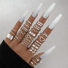 23Pcs Stackable Knuckle Rings Sets for Women,14k Gold Stainless Fingers Rings Jewelry for Gifts Prom Party,Vintage Bohomia Dainty Ring Pack (Silver)