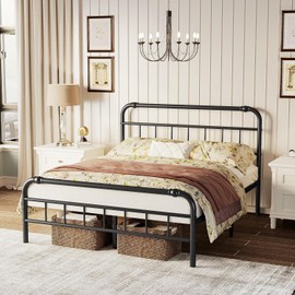 ZIYOO Metal Queen Size Bed Frame with Headboard and Footboard, 18 Inch High, 3500 Pounds Support, Vintage Decor, No Box Spring Needed Platform, Non-Slip and Noise-Free, Easy Assembly Black