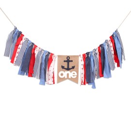 Nautical 1st Birthday High Chair Banner for Baby Boys - Nautical Themed Birthday Party Decorations, Anchor, Navy Red and White Burlap Banner, Baby Shower Photo Props