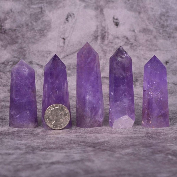Angelstones Natural Amethyst Gemstone Healing Crystal Hexagonal Pointed Reiki Chakra Faceted Prism Wand Carved Stone Figurine Home Decor