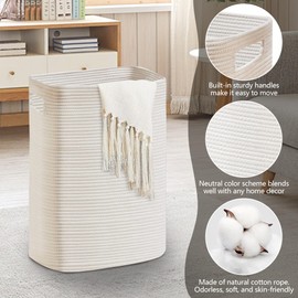 MEGASKET Large Laundry Hamper 16"x13"x22" - Tall Woven Laundry Basket, Cotton Rope Dirty Clothes Hamper, Baby Kids Nursery Wicker Laundry Basket, Bedroom Aesthetic, Soft Laundry Bin, White Hamper, 75L