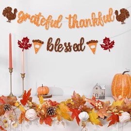 Pre-Strung Thankful Grateful Blessed Banner Decorations Happy Thanksgiving Day Party Decoration Glitter Pie Turkey Maple Leaves Garland for Fall Friendsgiving Home Office Decor Supplies NO DIY