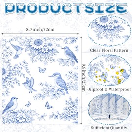 LOAVER 150 Pcs Blue Floral Wax Paper Sheets for Food,Chinoiserie Bird Greaseproof Wrapping Tissue Deli Parchment Baking Paper for Sandwich Cookies Picnic Liners Kicthen Supplies(8.66 x 9.84 Inch)